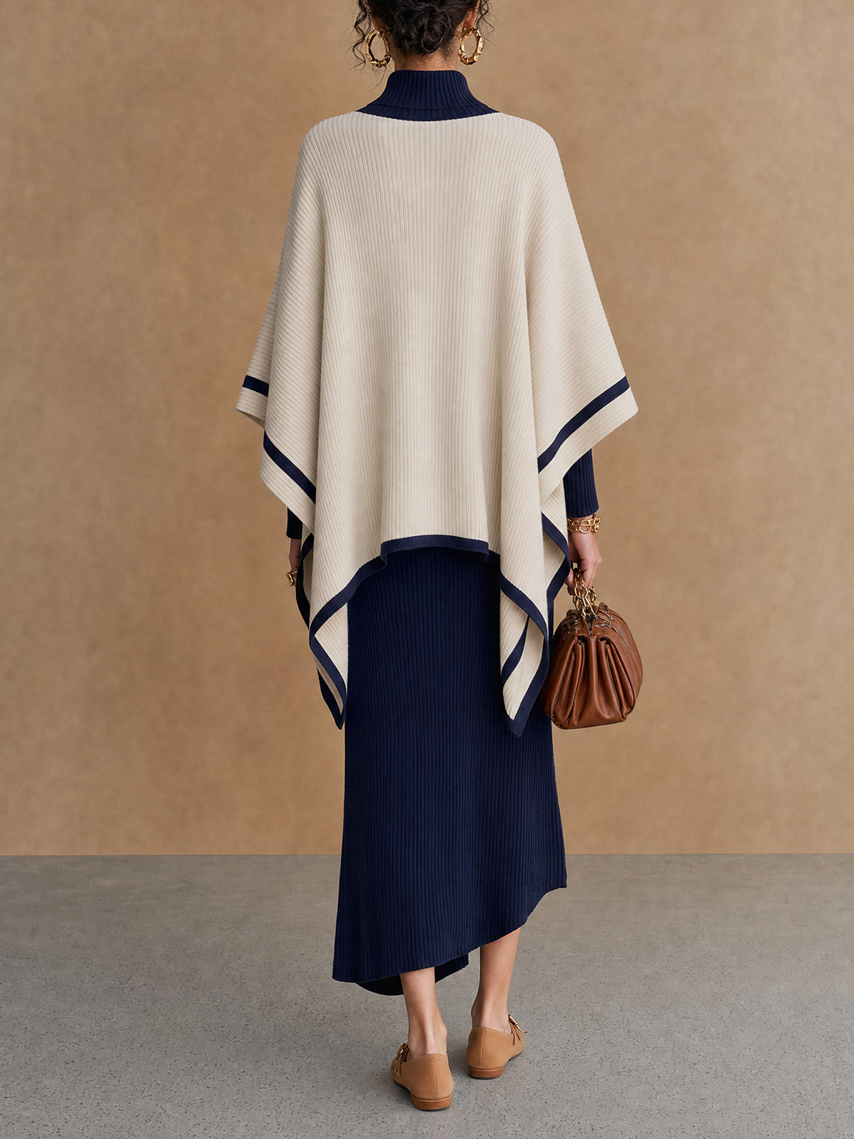 Navy and Cream Roll Neck Knit Poncho Overlay Midi Dress