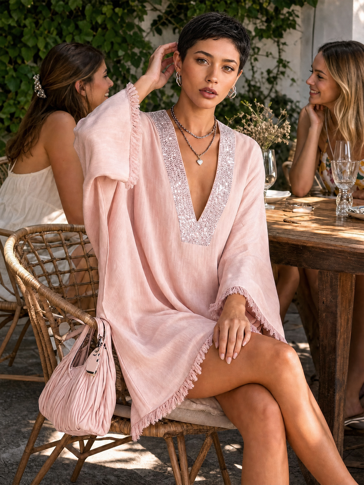 Blush Pink Linen Mini Dress with Rhinestone Trim and Fringe Hem