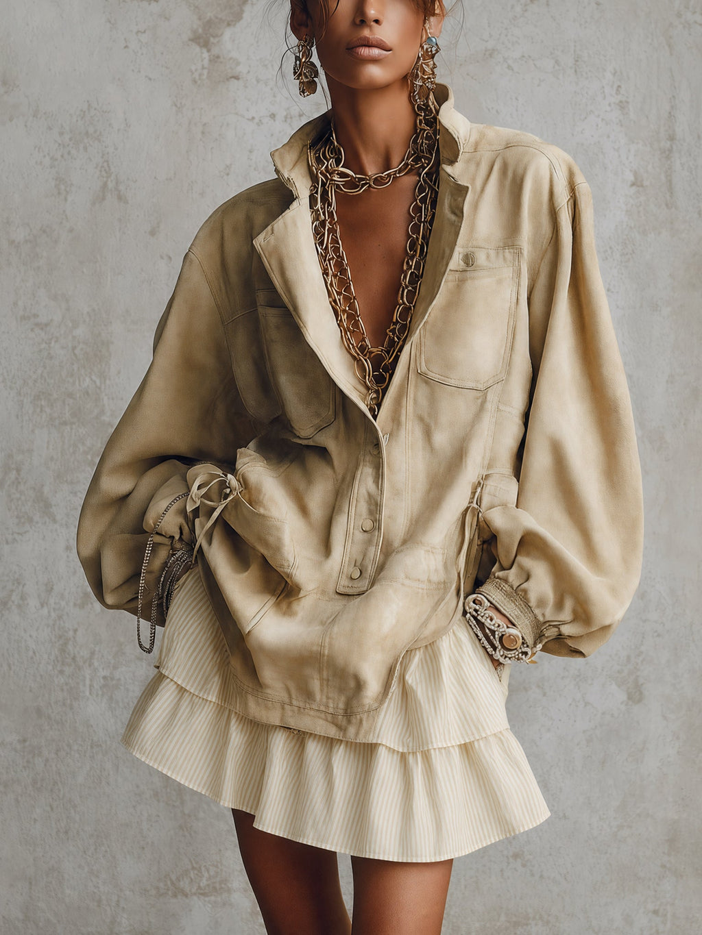 Light Khaki Faux Suede Button Ruffle Mini Dress
