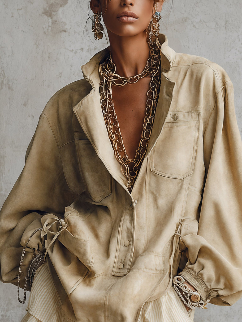 Light Khaki Faux Suede Button Ruffle Mini Dress