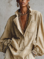 Light Khaki Faux Suede Button Ruffle Mini Dress