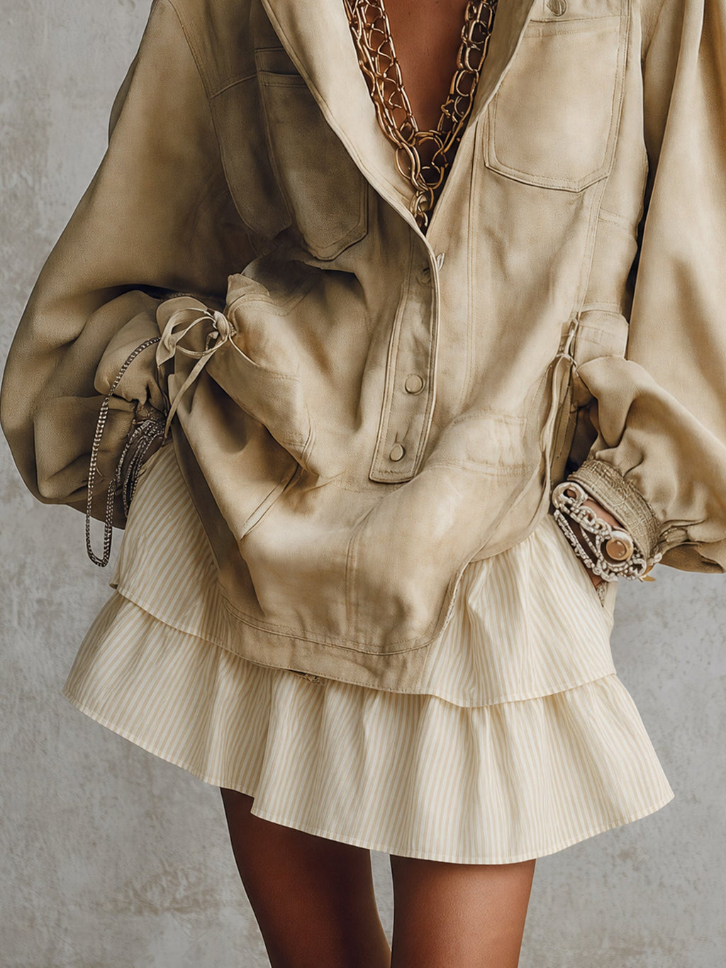 Light Khaki Faux Suede Button Ruffle Mini Dress
