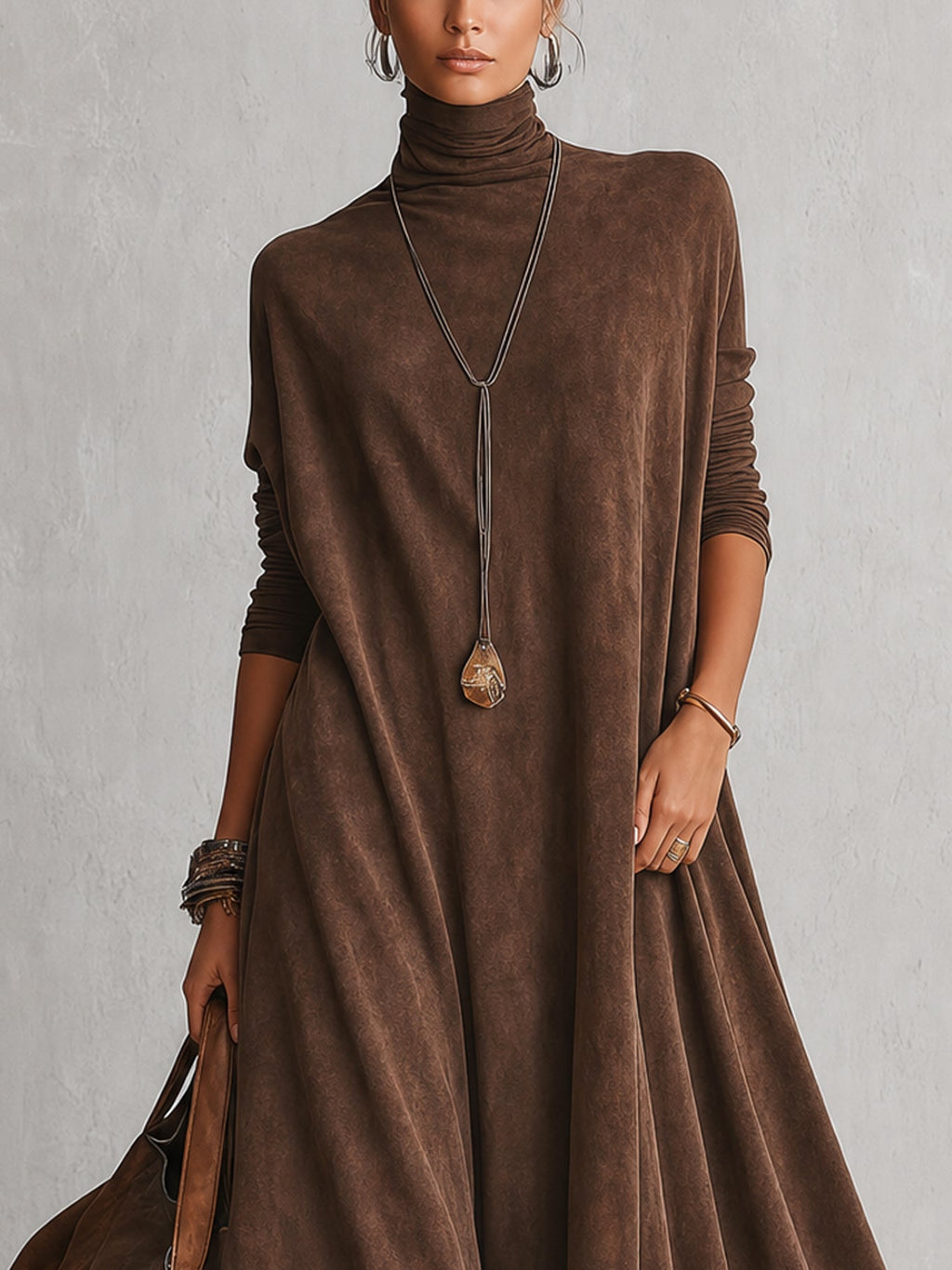 Vintage Brown Suede Feel Long Sleeve Lace Hem Maxi Dress