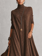 Vintage Brown Suede Feel Long Sleeve Lace Hem Maxi Dress