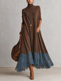 Vintage Brown Suede Feel Long Sleeve Lace Hem Maxi Dress
