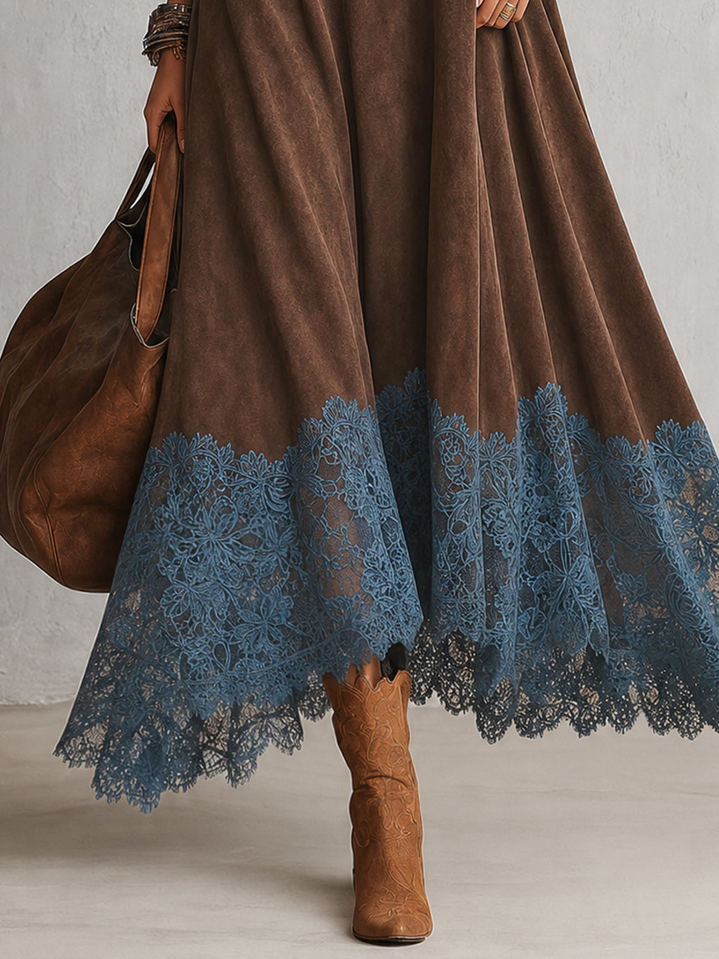 Vintage Brown Suede Feel Long Sleeve Lace Hem Maxi Dress