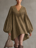 Olive Faux Suede V-Neck Fringe Embellished Balloon Sleeve Mini Dress