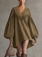 Olive Faux Suede V-Neck Fringe Embellished Balloon Sleeve Mini Dress