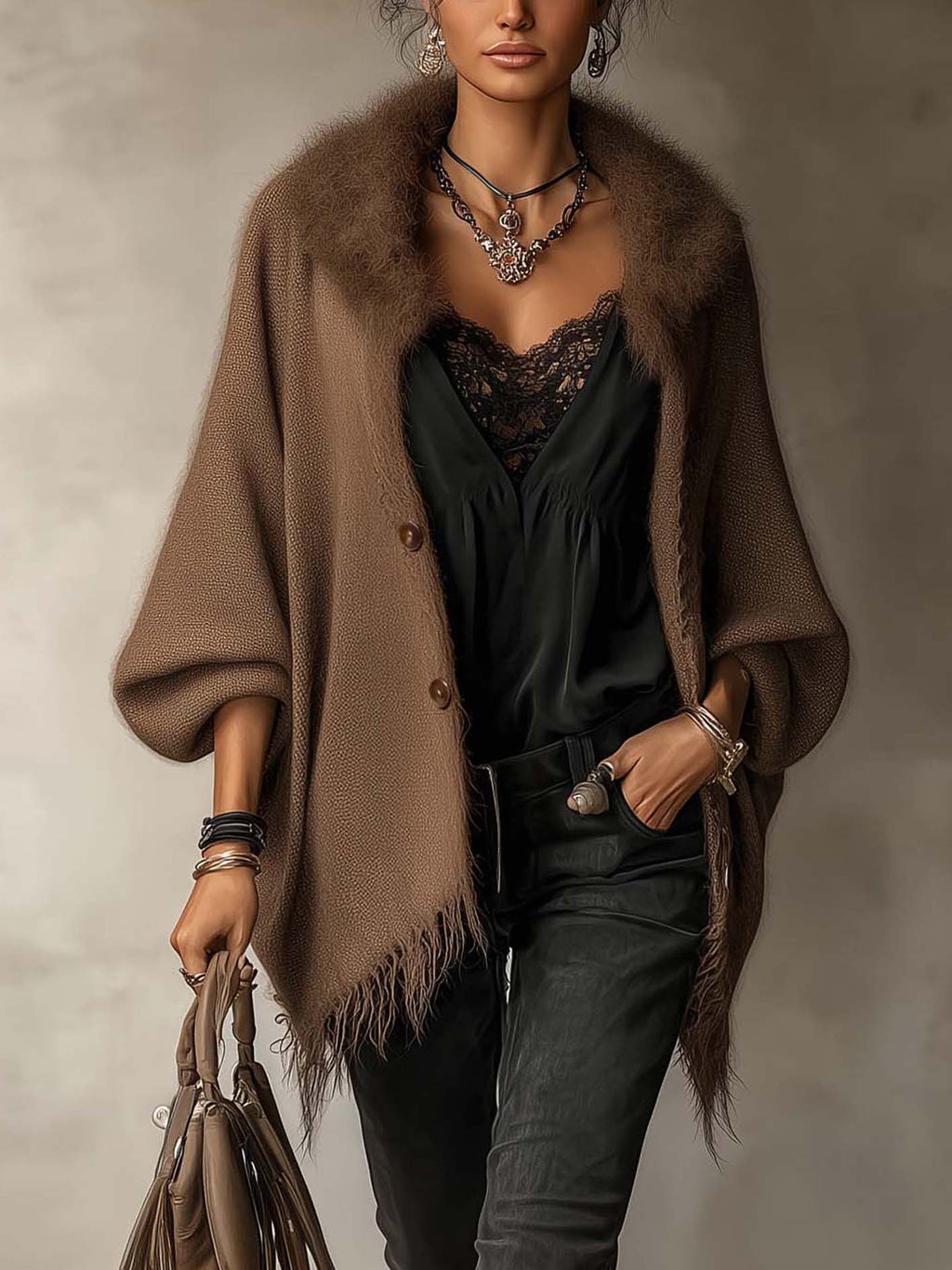 Brown Textured Knit Faux Fur Collar Fringe Hem Cardigan