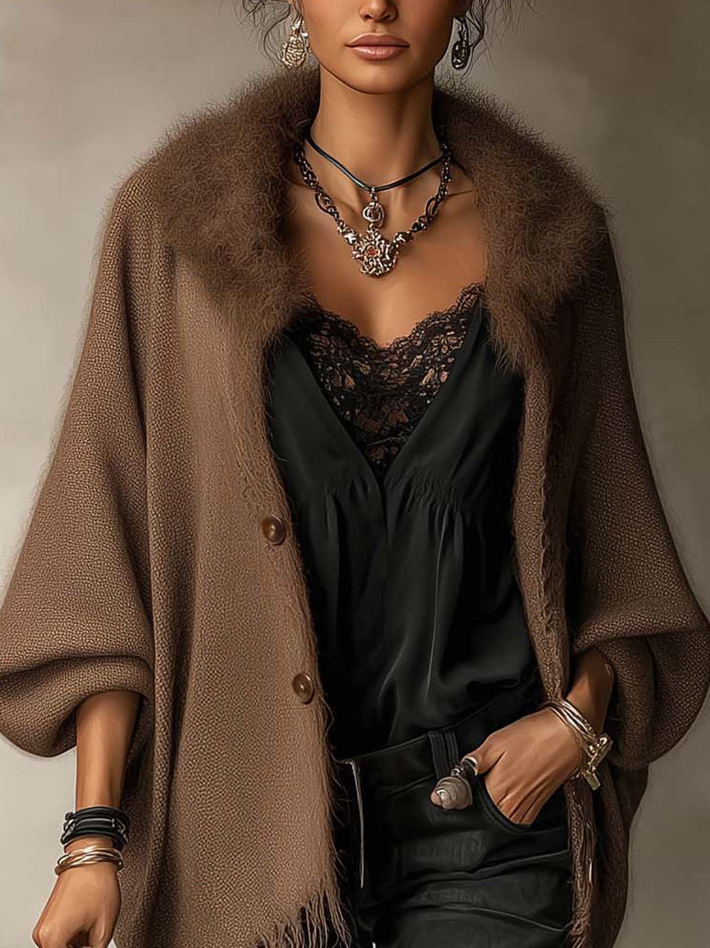Brown Textured Knit Faux Fur Collar Fringe Hem Cardigan