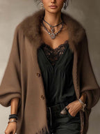Brown Textured Knit Faux Fur Collar Fringe Hem Cardigan