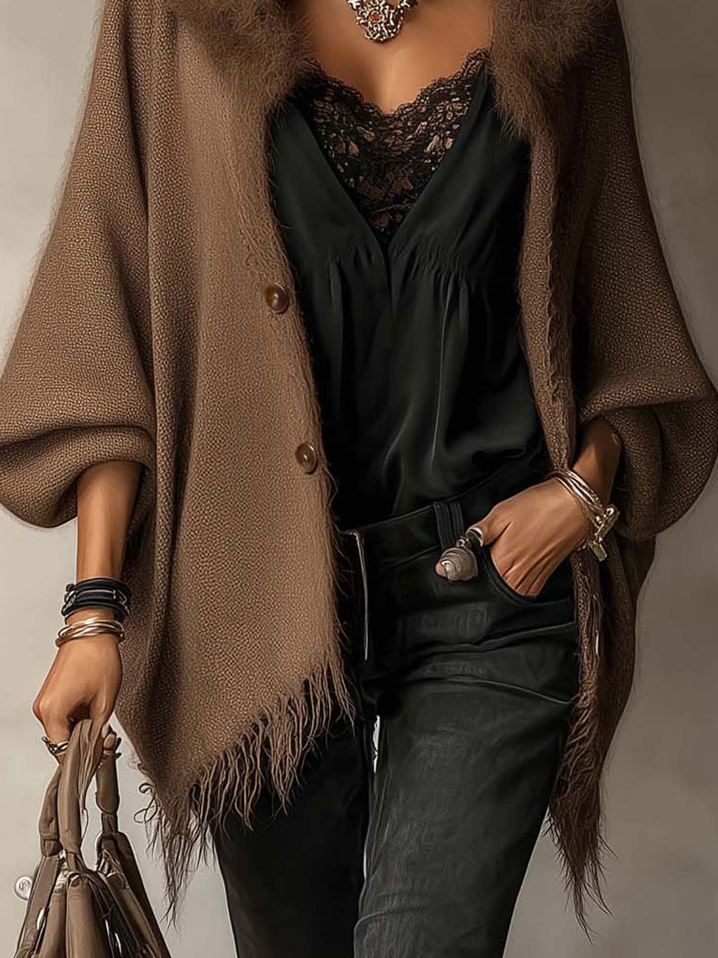 Brown Textured Knit Faux Fur Collar Fringe Hem Cardigan