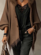Brown Textured Knit Faux Fur Collar Fringe Hem Cardigan