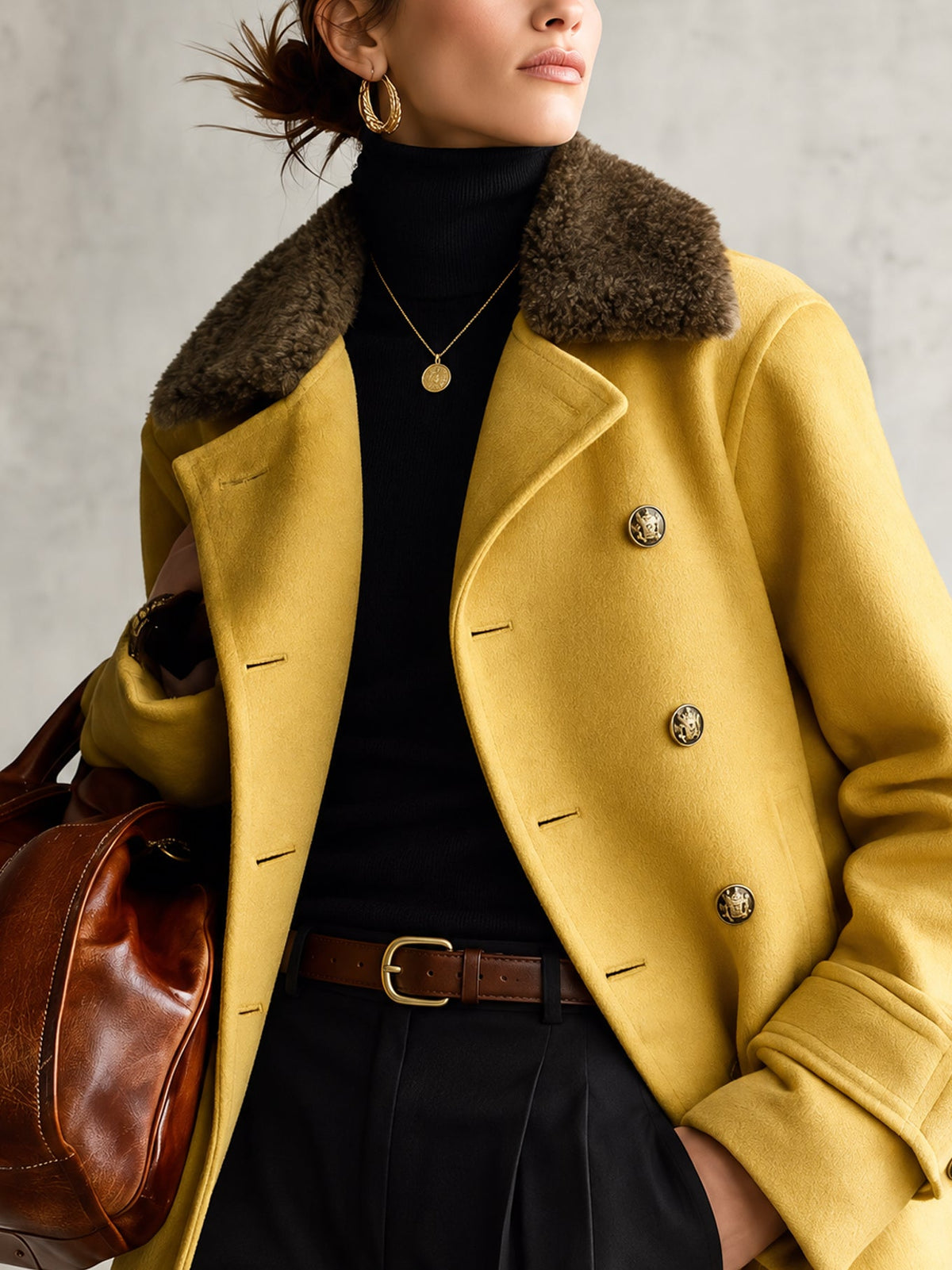 Yellow Oversized Wool-Blend Coat with Faux Fur Collar