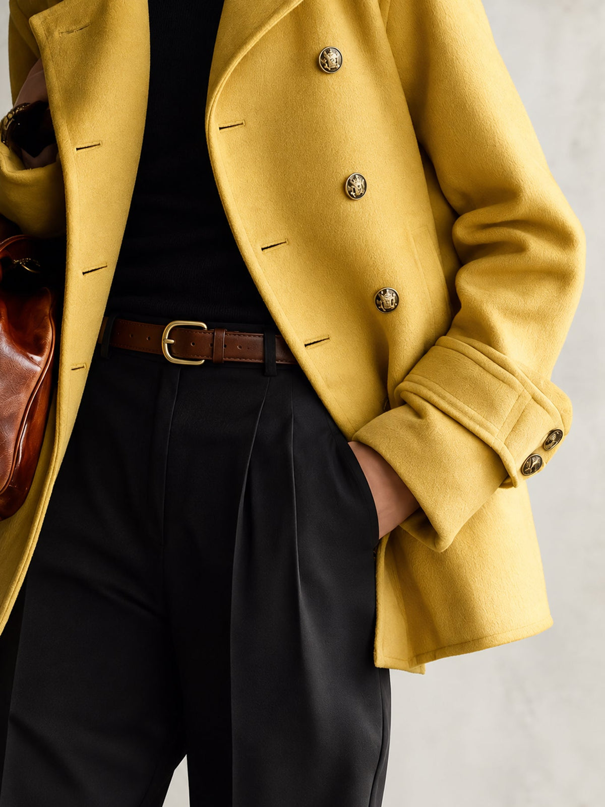 Yellow Oversized Wool-Blend Coat with Faux Fur Collar