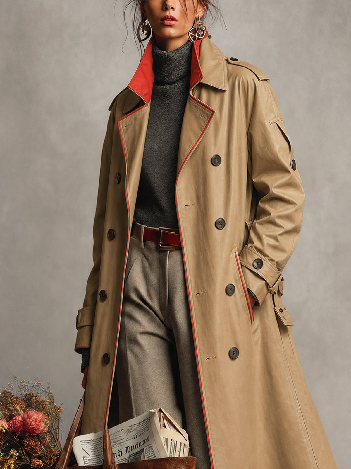 Khaki Water Resistant Trench Coat with Contrast Red Trim