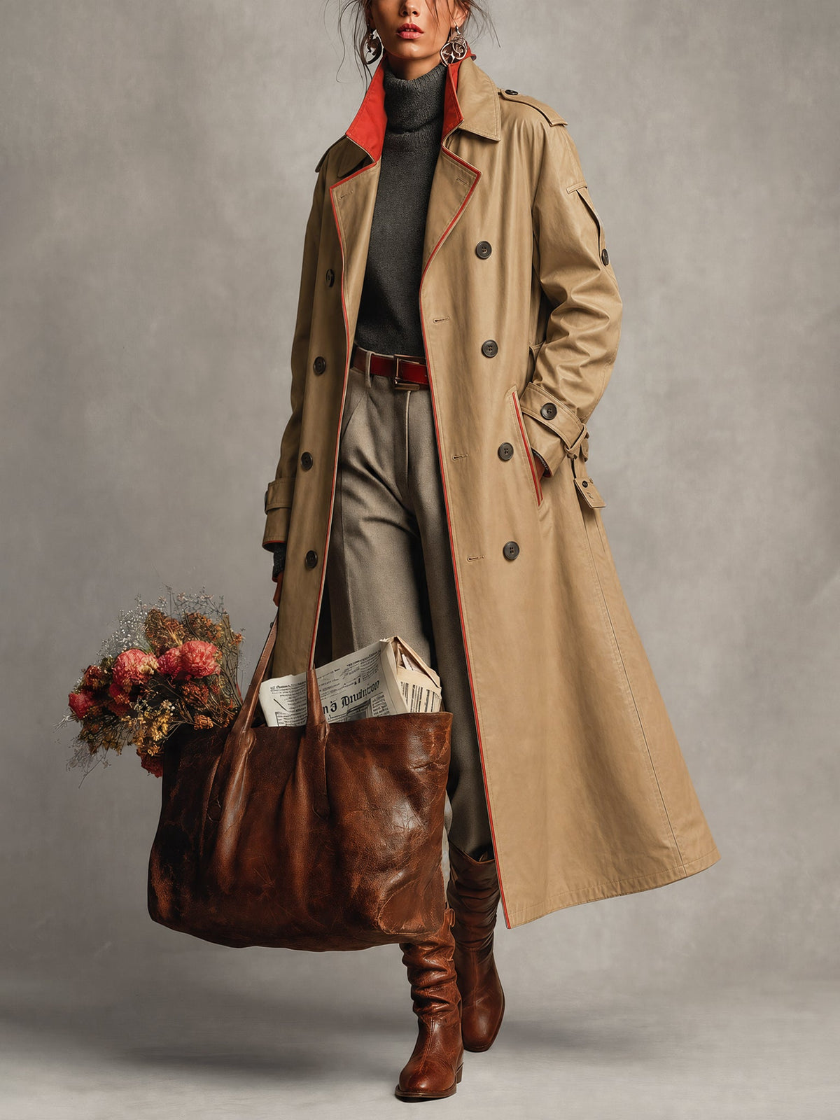 Khaki Water Resistant Trench Coat with Contrast Red Trim