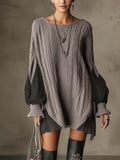 Grey Cable Knit Mini Dress with Polka Dot Chiffon Patchwork