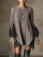 Grey Cable Knit Mini Dress with Polka Dot Chiffon Patchwork