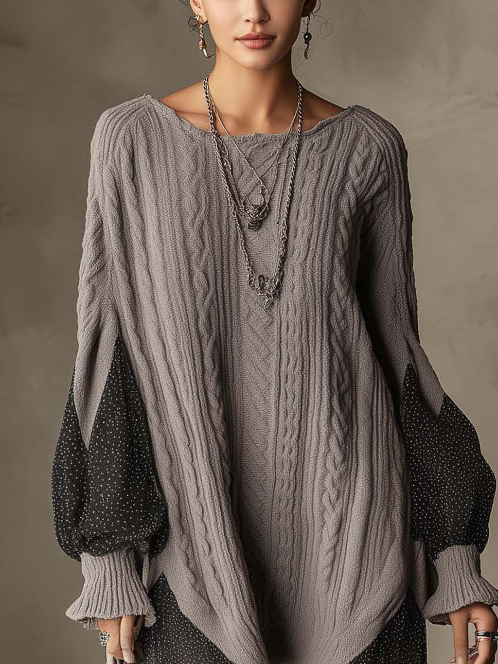 Grey Cable Knit Mini Dress with Polka Dot Chiffon Patchwork