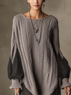Grey Cable Knit Mini Dress with Polka Dot Chiffon Patchwork