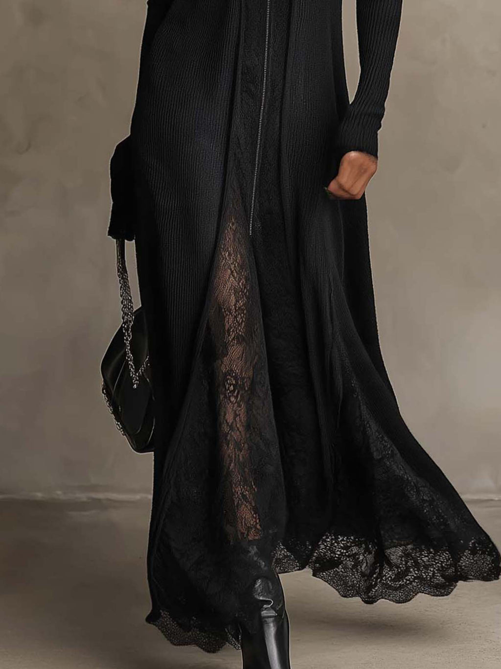 Black Ribbed Knit Maxi Dress with Zip Front and Sheer Lace Patchwork