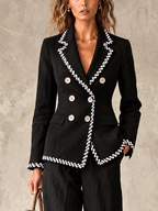 Black Washed Cotton Blazer and Wide-Leg Trouser Set with Ivory Zigzag Trim