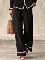 Black Washed Cotton Blazer and Wide-Leg Trouser Set with Ivory Zigzag Trim