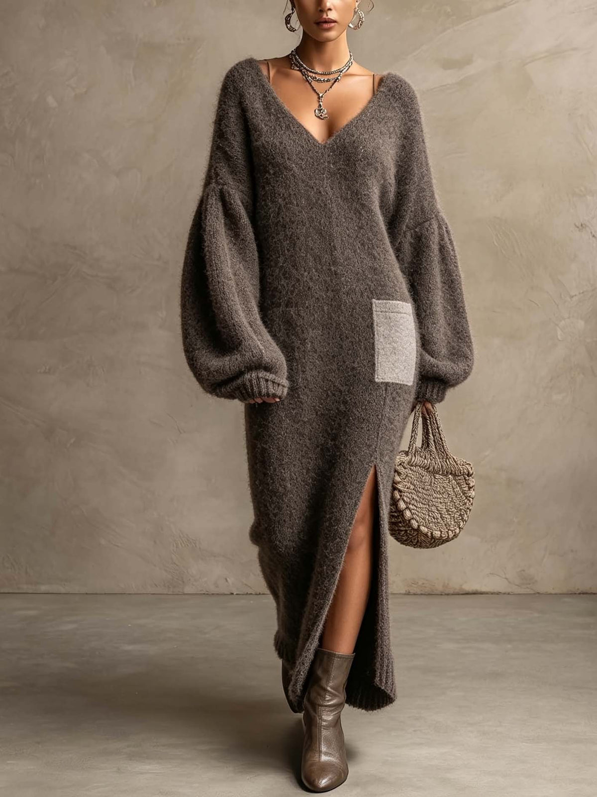 Taupe Mohair-Blend Knit Maxi Dress with Contrast Pocket and Front Slit
