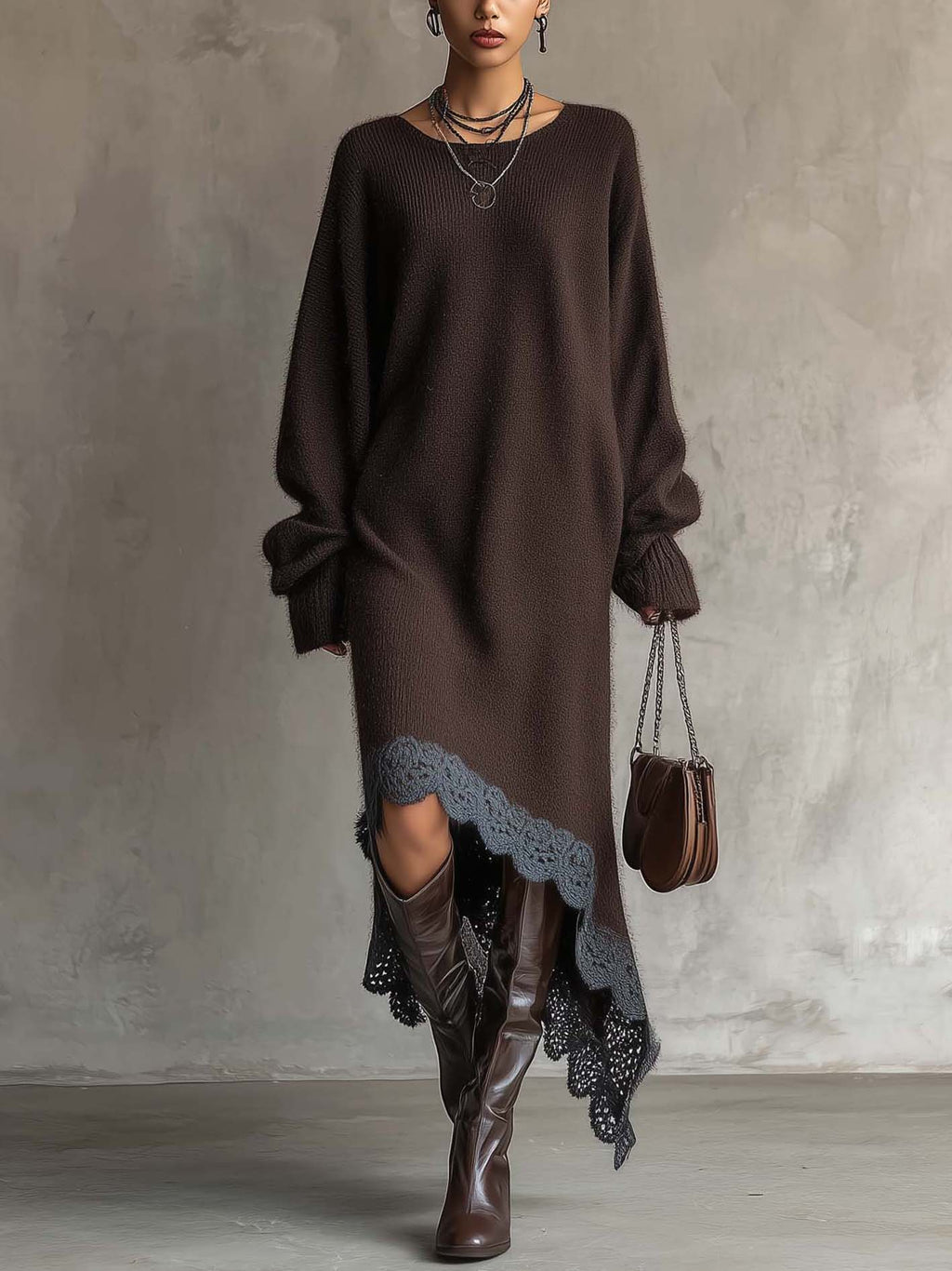Dark Chocolate Knit Maxi Dress with Asymmetrical Hem and Contrast Crochet Lace Trim