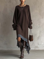 Dark Chocolate Knit Maxi Dress with Asymmetrical Hem and Contrast Crochet Lace Trim