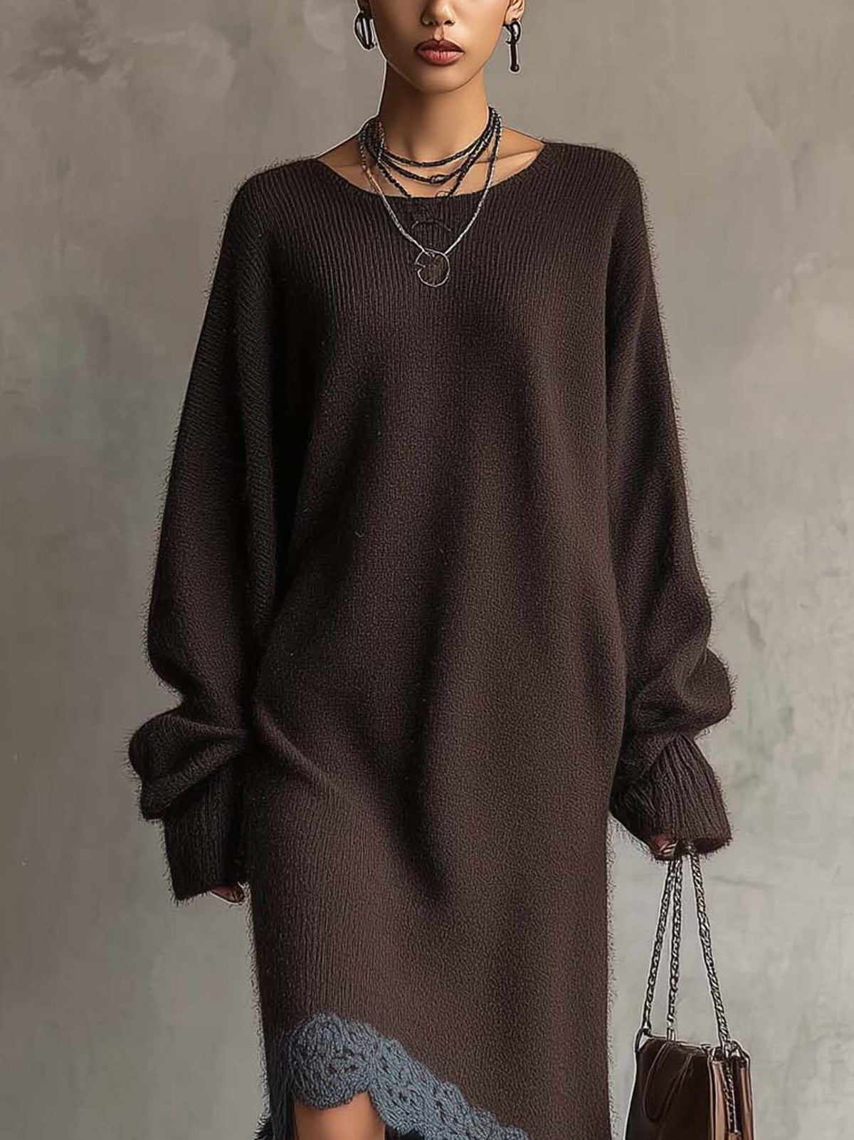 Dark Chocolate Knit Maxi Dress with Asymmetrical Hem and Contrast Crochet Lace Trim