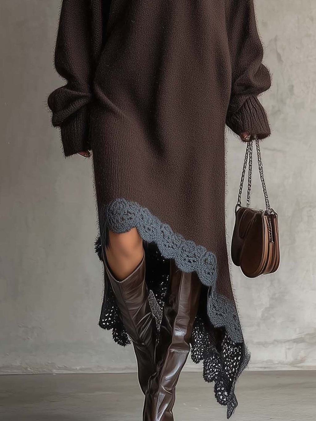 Dark Chocolate Knit Maxi Dress with Asymmetrical Hem and Contrast Crochet Lace Trim