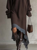 Dark Chocolate Knit Maxi Dress with Asymmetrical Hem and Contrast Crochet Lace Trim