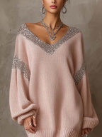 Blush Pink Knit Mini Jumper Dress with Silver Sequin Patchwork V-Neck