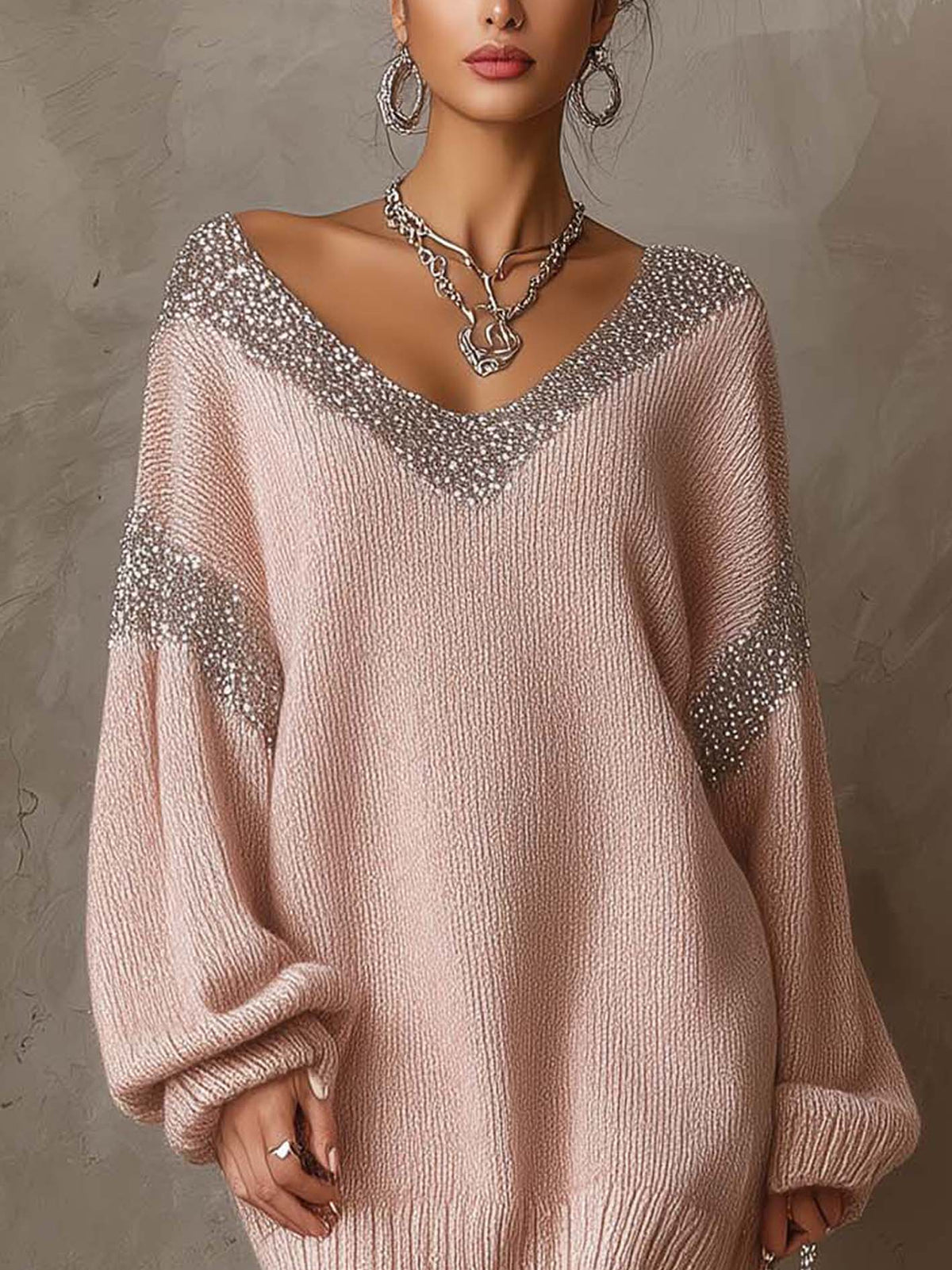 Blush Pink Knit Mini Jumper Dress with Silver Sequin Patchwork V-Neck