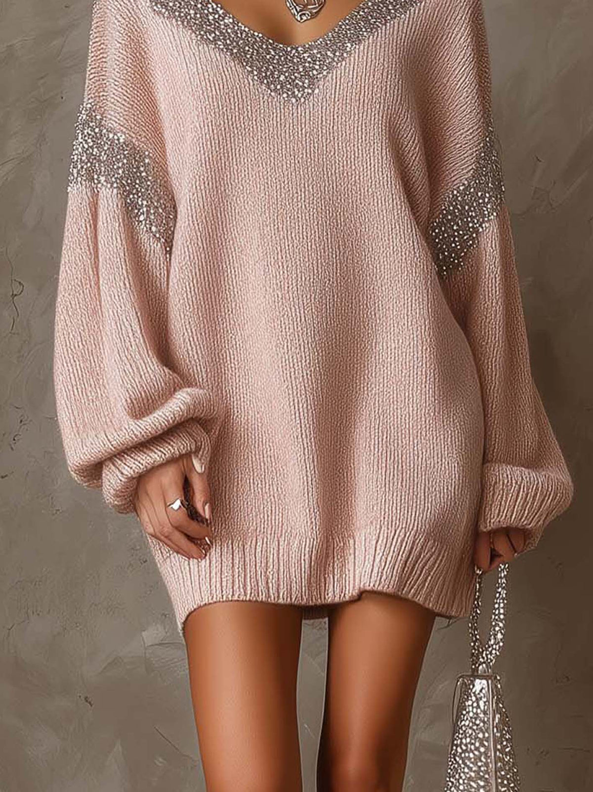 Blush Pink Knit Mini Jumper Dress with Silver Sequin Patchwork V-Neck
