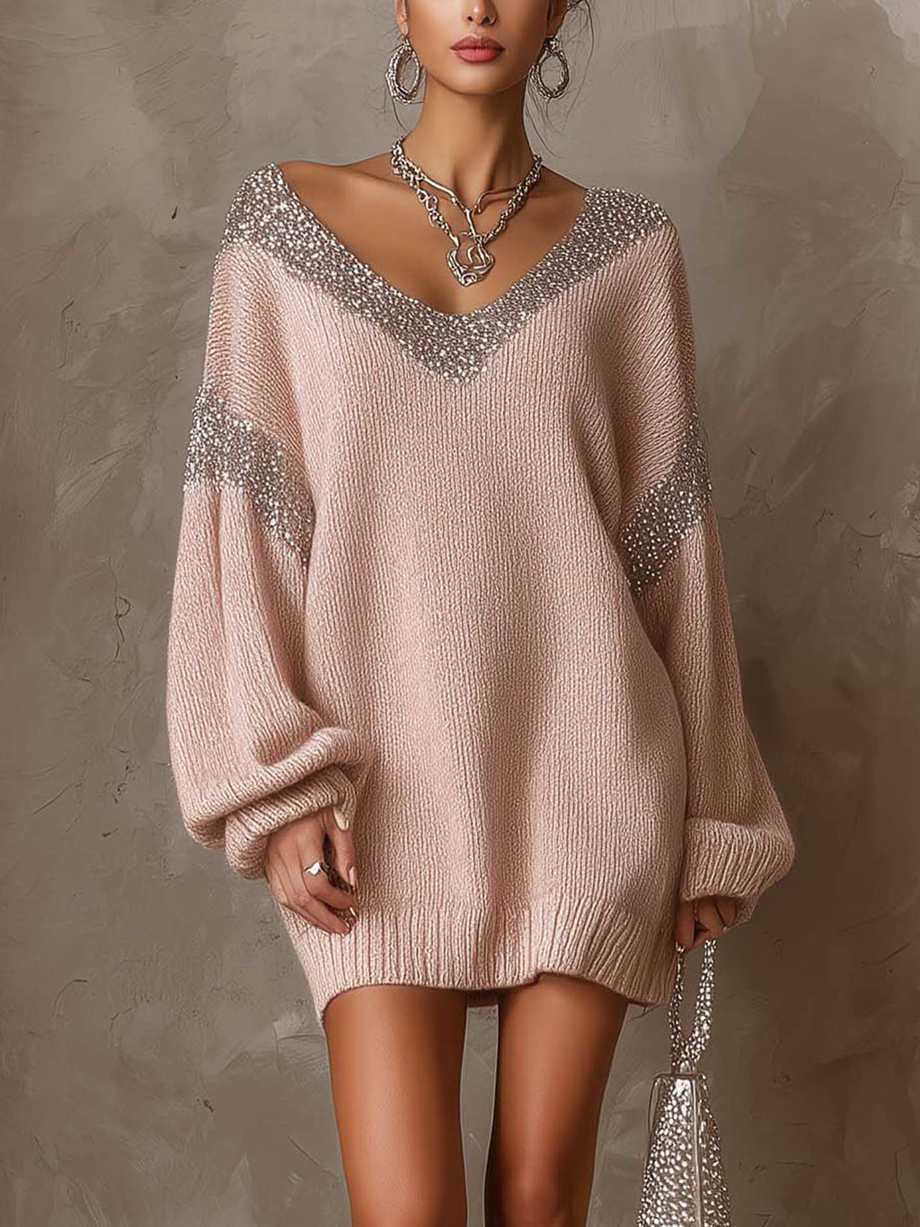 Blush Pink Knit Mini Jumper Dress with Silver Sequin Patchwork V-Neck