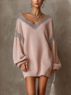 Blush Pink Knit Mini Jumper Dress with Silver Sequin Patchwork V-Neck
