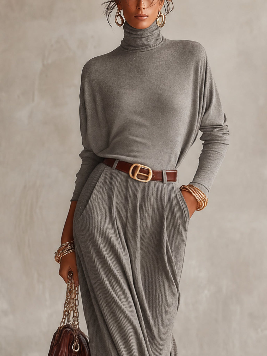 Grey Ribbed Knit Belted Roll Neck Maxi Dress