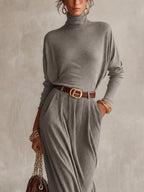 Grey Ribbed Knit Belted Roll Neck Maxi Dress
