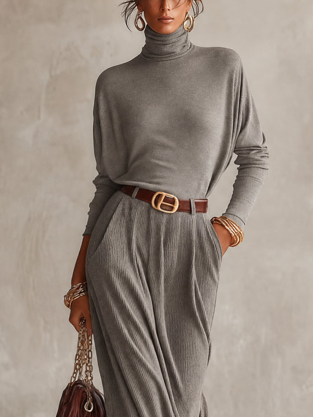 Grey Ribbed Knit Belted Roll Neck Maxi Dress