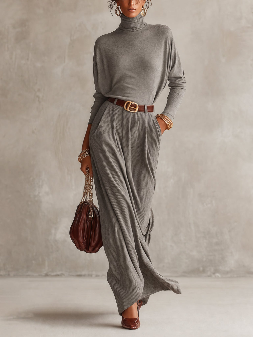Grey Ribbed Knit Belted Roll Neck Maxi Dress