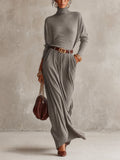 Grey Ribbed Knit Belted Roll Neck Maxi Dress