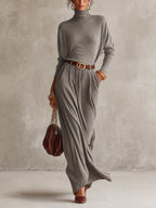 Grey Ribbed Knit Belted Roll Neck Maxi Dress