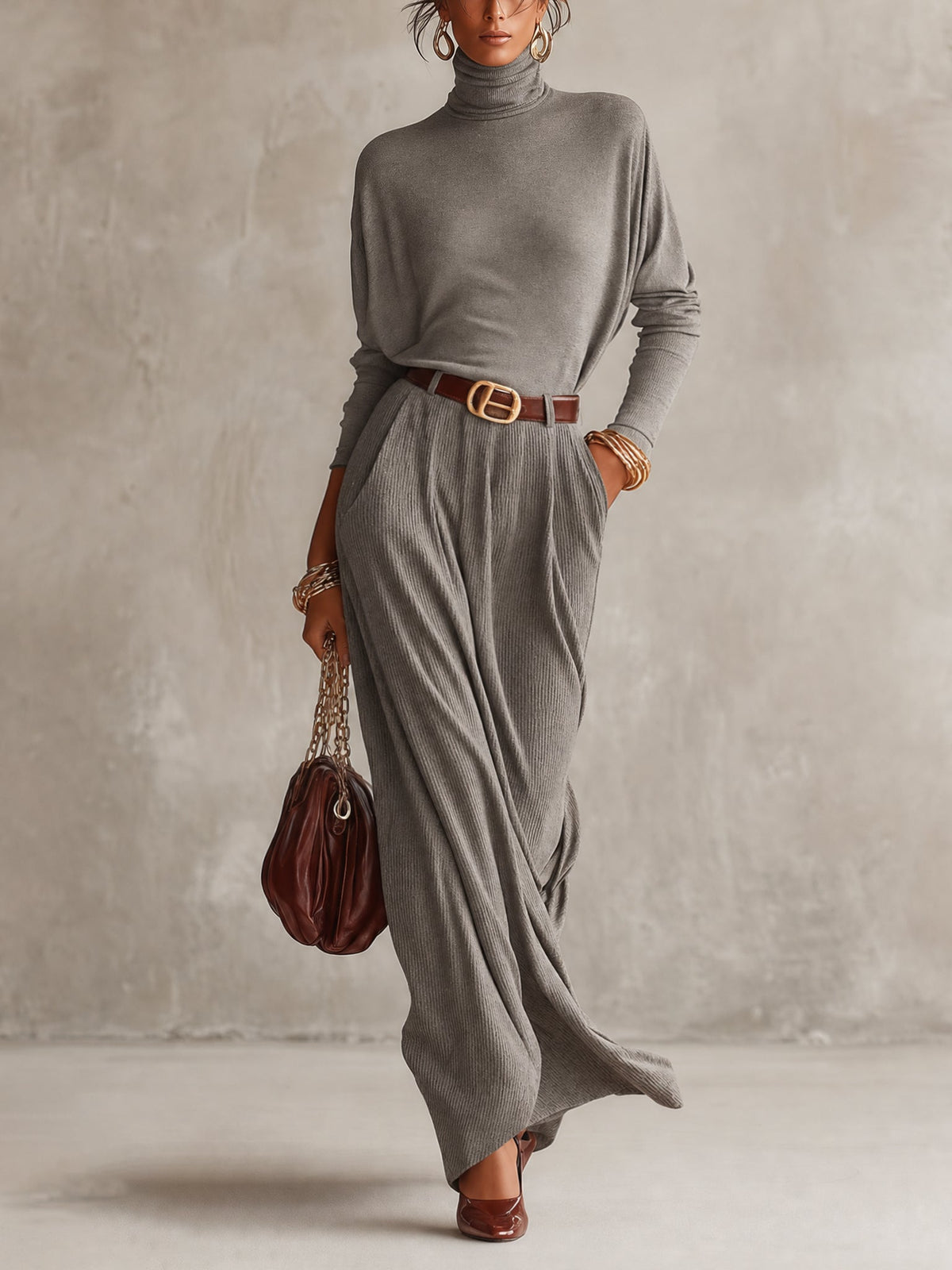 Grey Ribbed Knit Belted Roll Neck Maxi Dress