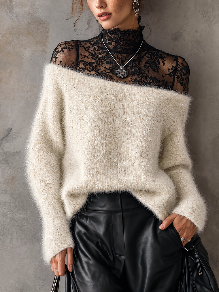 Cream Fuzzy Mohair-Blend Sequin Jumper with Wide Slash Neckline