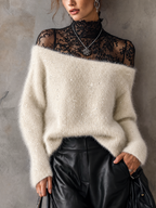 Cream Fuzzy Mohair-Blend Sequin Jumper with Wide Slash Neckline