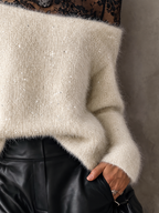 Cream Fuzzy Mohair-Blend Sequin Jumper with Wide Slash Neckline