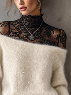 Cream Fuzzy Mohair-Blend Sequin Jumper with Wide Slash Neckline